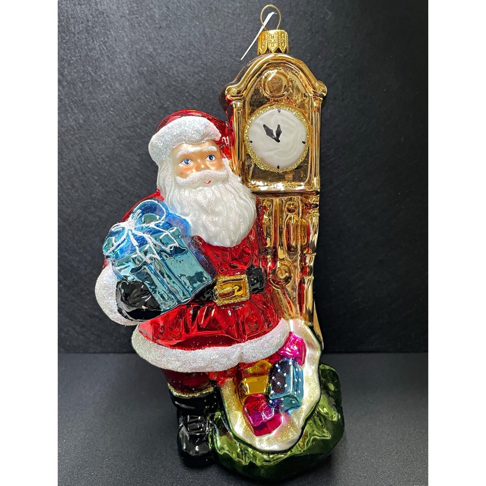 Vintage 1996 Santa & Clock Made in Poland Glass Christmas Ornament Large 7.5"